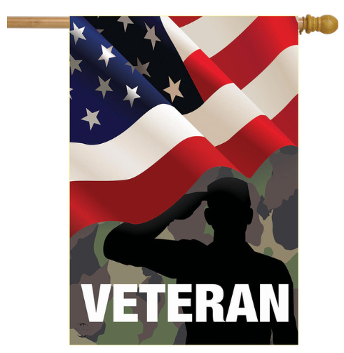 Flag with American flag and silhouette of a veteran saluting, on a white background