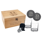Personalized Red Alder Whiskey Gift Set – 2 Glasses, 2 Slate Coasters, 8 Granite Whiskey Stones & Velvet Bag
