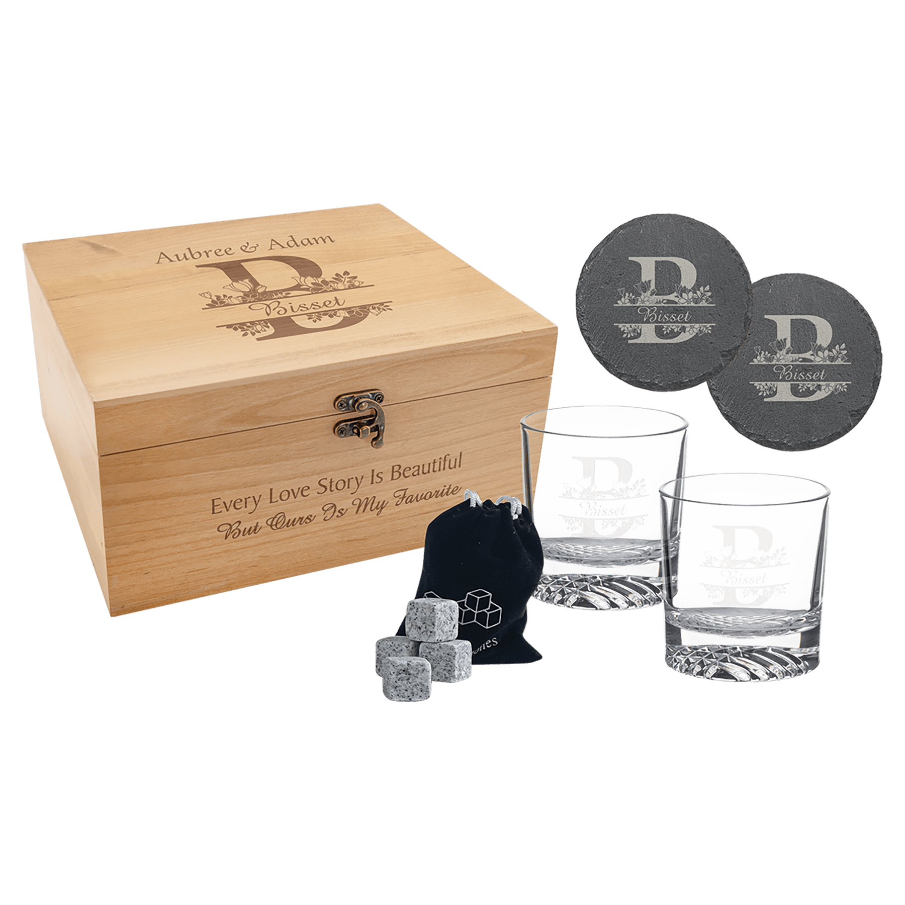 Personalized Red Alder Whiskey Gift Set – 2 Glasses, 2 Slate Coasters, 8 Granite Whiskey Stones & Velvet Bag