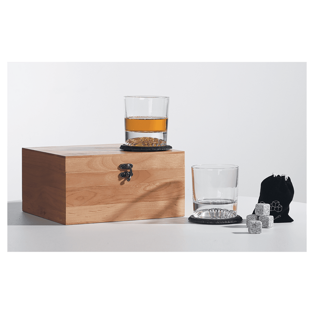 Personalized Red Alder Whiskey Gift Set – 2 Glasses, 2 Slate Coasters, 8 Granite Whiskey Stones & Velvet Bag