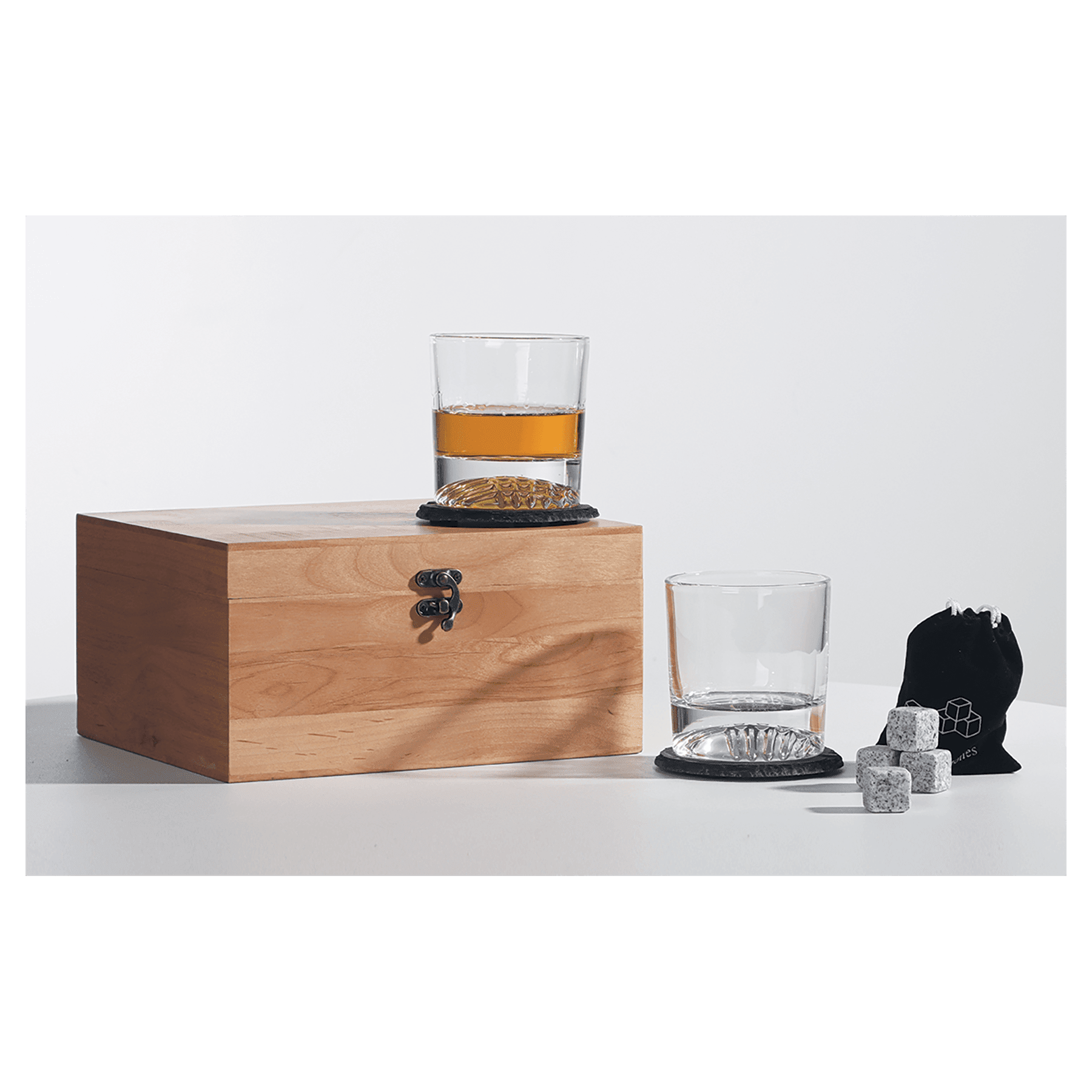 Personalized Red Alder Whiskey Gift Set – 2 Glasses, 2 Slate Coasters, 8 Granite Whiskey Stones & Velvet Bag