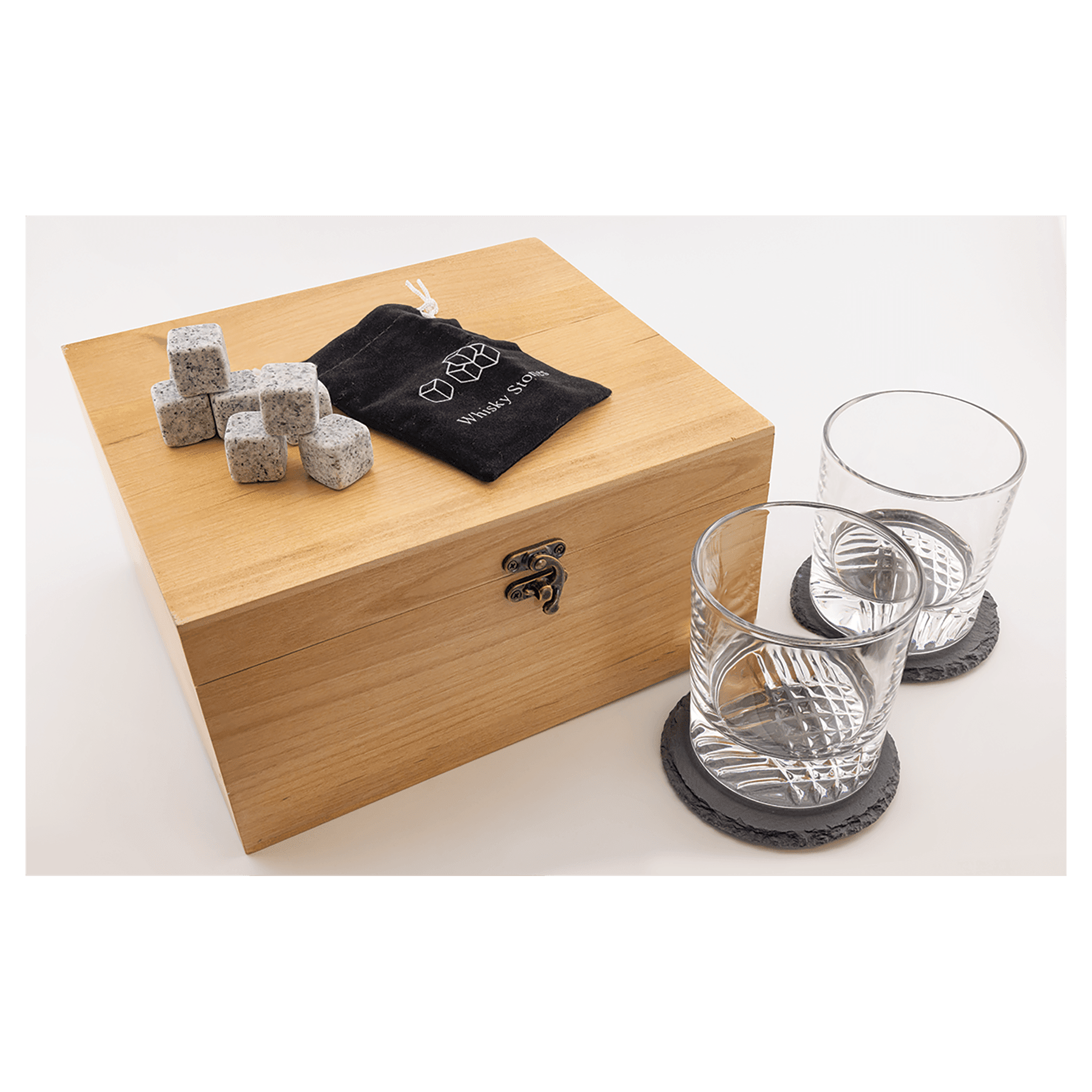 Personalized Red Alder Whiskey Gift Set – 2 Glasses, 2 Slate Coasters, 8 Granite Whiskey Stones & Velvet Bag