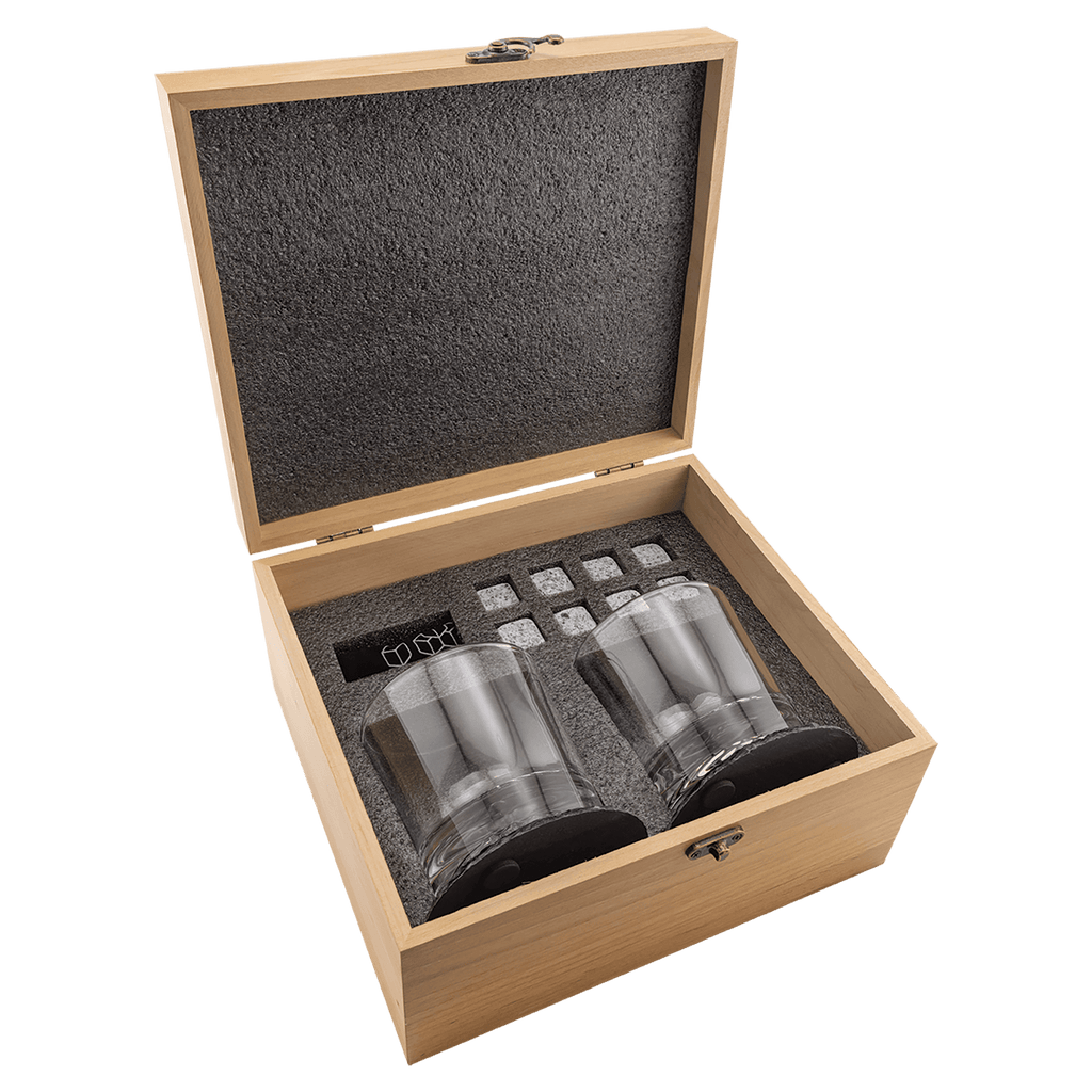 Personalized Red Alder Whiskey Gift Set – 2 Glasses, 2 Slate Coasters, 8 Granite Whiskey Stones & Velvet Bag