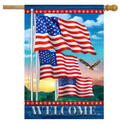 Decorative flag with American flags and an eagle against a sunset sky, featuring the word 'Welcome'.
