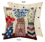 Decorative pillow with floral and American flag design on a wooden background