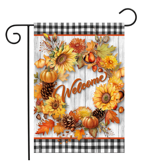 Welcome Fall wreath garden flag with autumn wreath design displayed as outdoor porch and yard decor