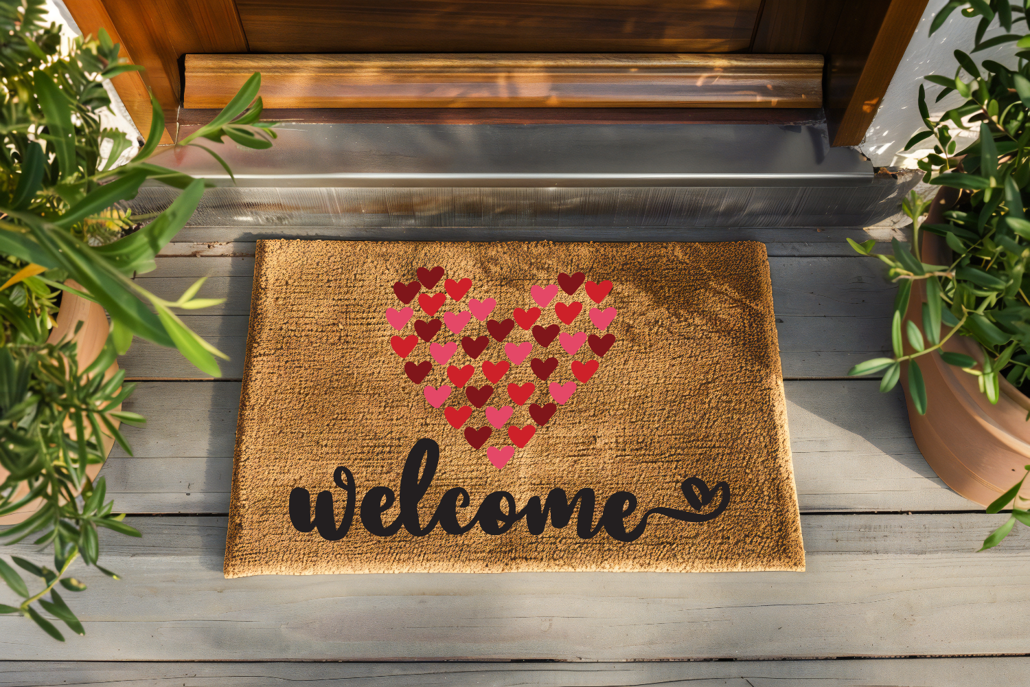 Doormat with heart design and 'welcome' text on a wooden floor.