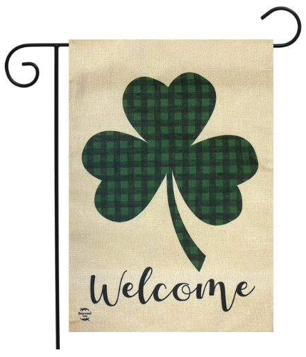 Welcome Shamrock Burlap Garden Flag (Green Plaid Clover)