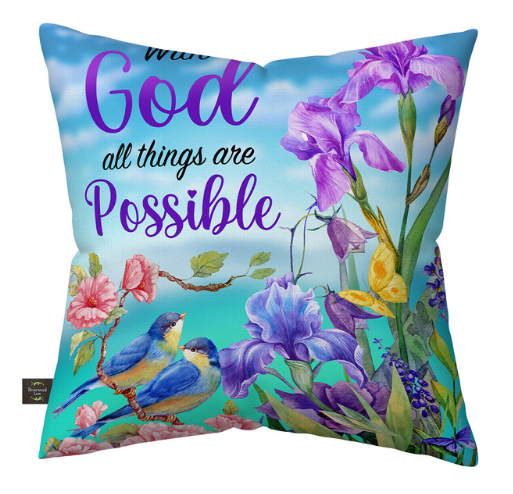 Decorative pillow with floral design and 'With God all things are possible' text