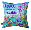 Decorative pillow with floral design and 'With God all things are possible' text