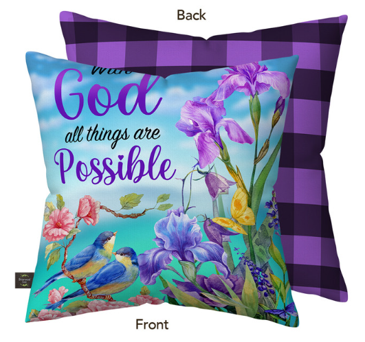 Decorative pillow with floral design and 'With God all things are possible' text, back view shown.