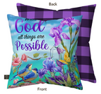 Decorative pillow with floral design and 'With God all things are possible' text, back view shown.