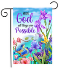Decorative garden flag with flowers, birds, and 'With God all things are Possible' text.