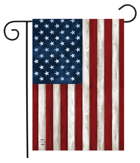 American flag garden flag with wooden texture on a white background