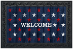 Decorative mat with American flag pattern and 'WELCOME' text, framed by a decorative border.