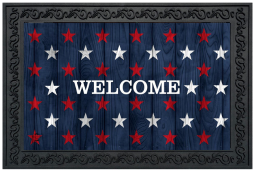 Decorative mat with American flag pattern and 'WELCOME' text, framed by a decorative border.