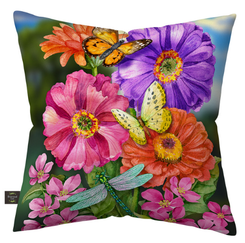 Zinnias in Bloom Burlap Decorative Throw Pillow