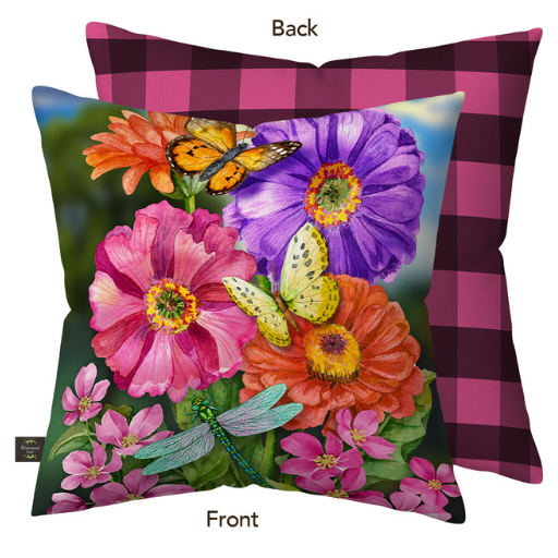 Zinnias in Bloom Burlap Decorative Throw Pillow