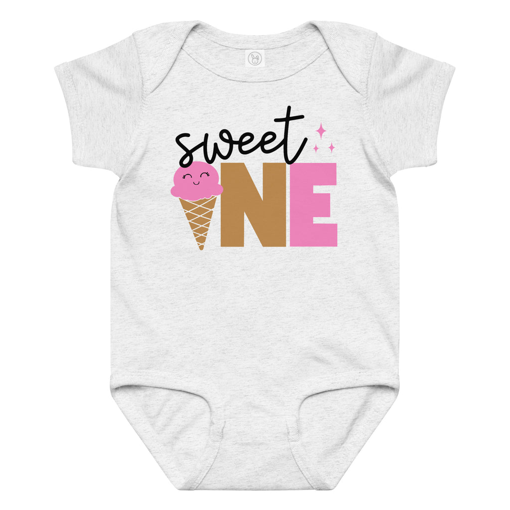 White baby onesie with 'sweet ONE' text and ice cream cone graphic on a white background