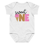 White baby onesie with 'sweet ONE' text and ice cream cone graphic on a white background