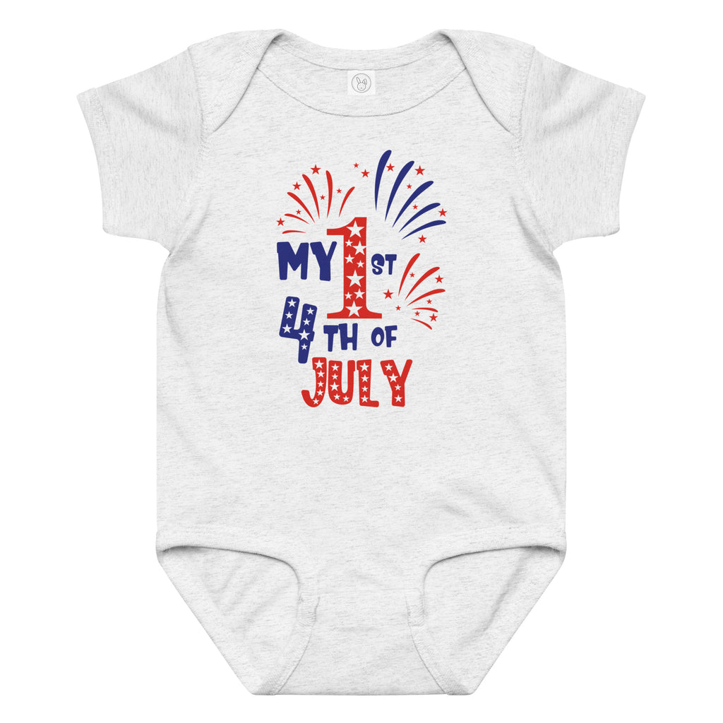 White baby onesie with 'My 1st 4th of July' text and fireworks design on a white background