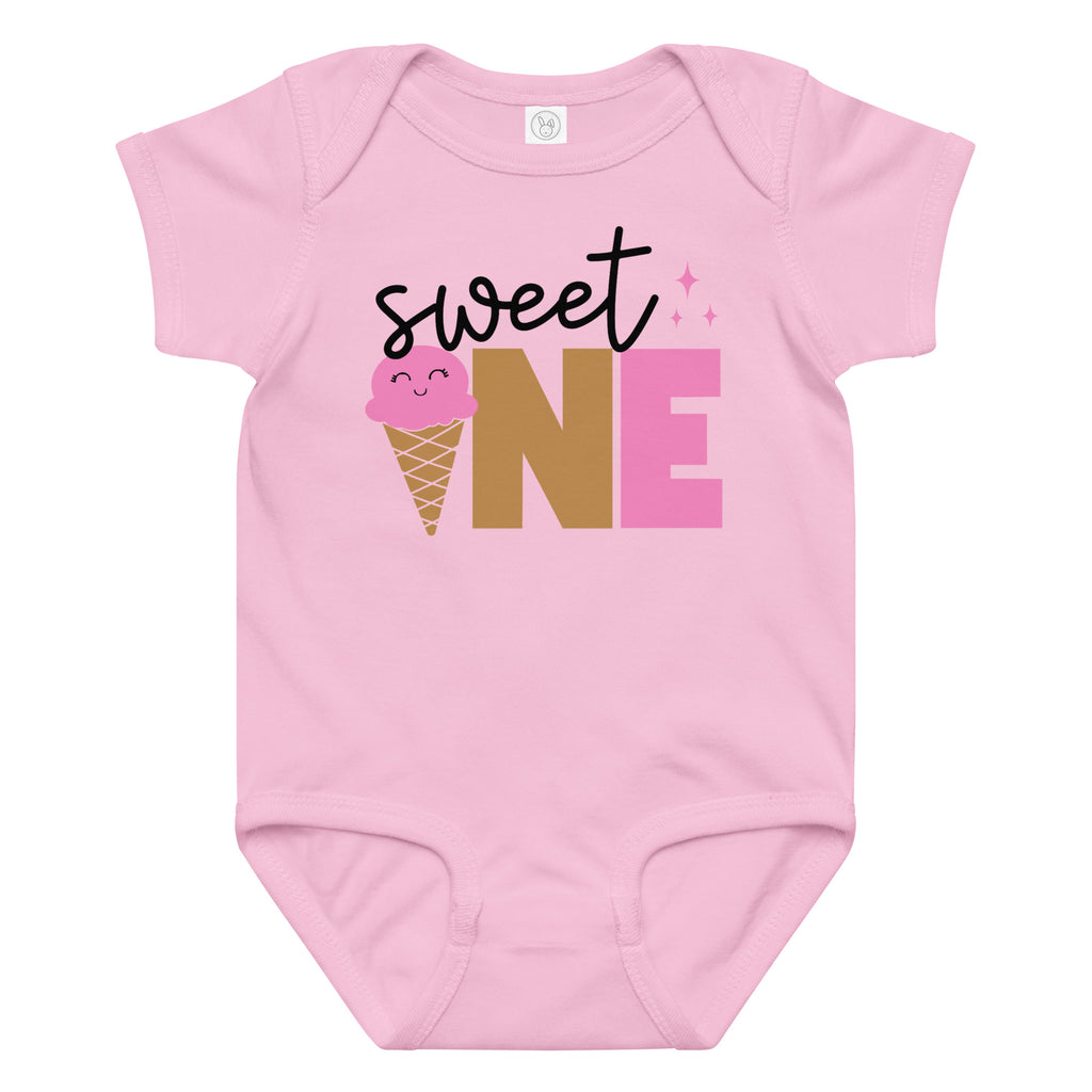 Pink baby onesie with 'sweet ONE' and ice cream cone design on a white background