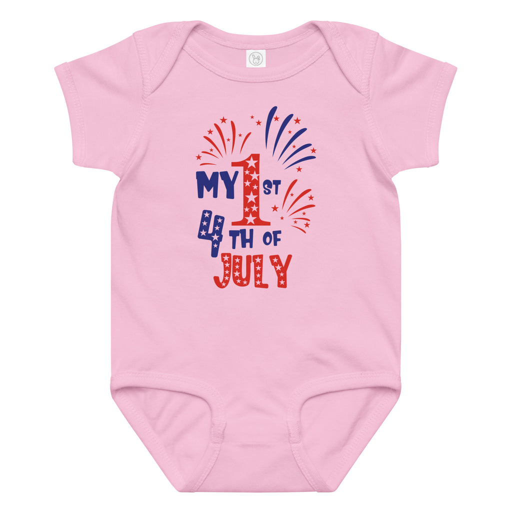 Pink baby onesie with 'My 1st 4th of July' text and fireworks design on a white background
