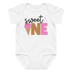 White baby onesie with 'sweet ONE' text and ice cream cone graphic on a white background