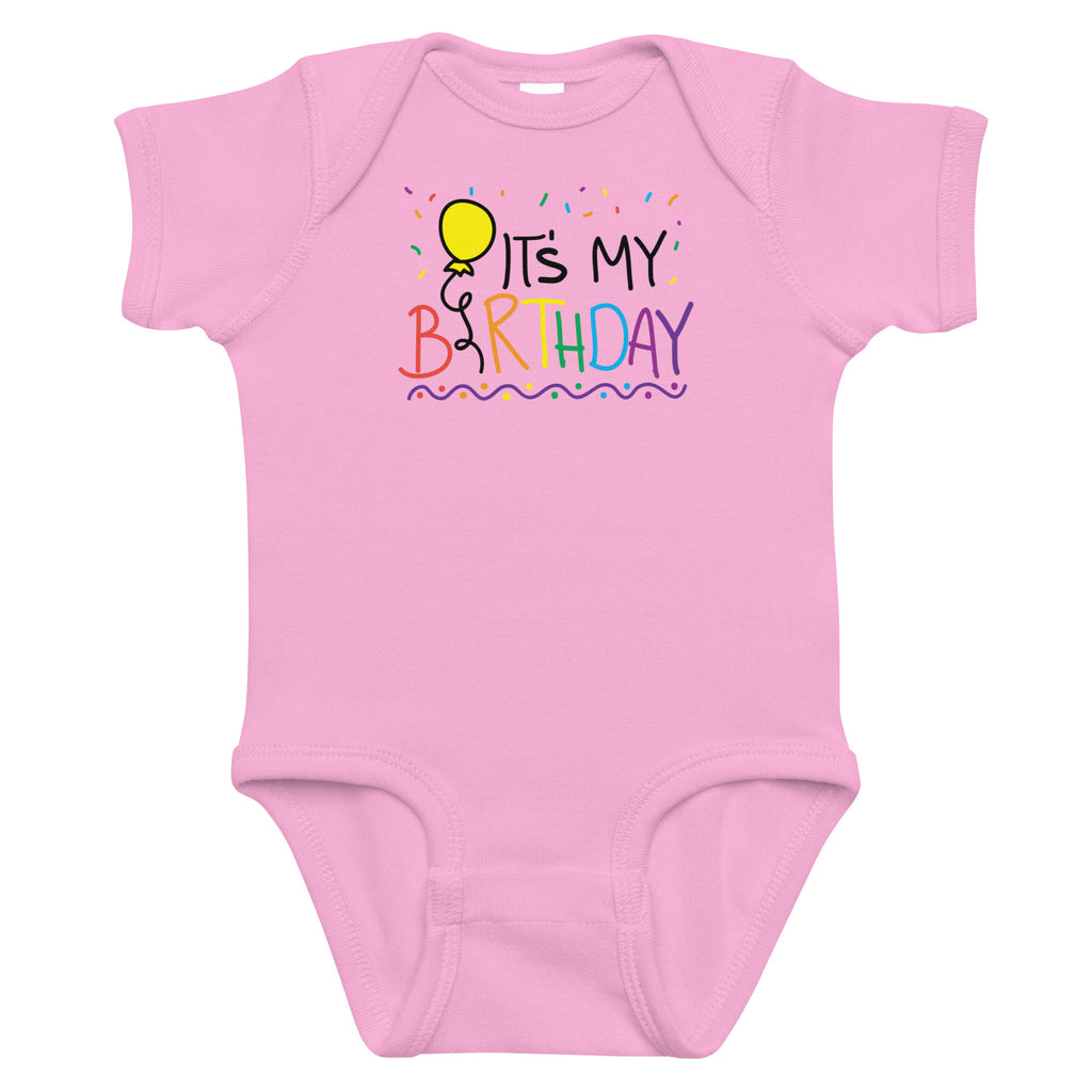 Pink baby onesie with 'It's My Birthday' text and balloon graphic on a white background