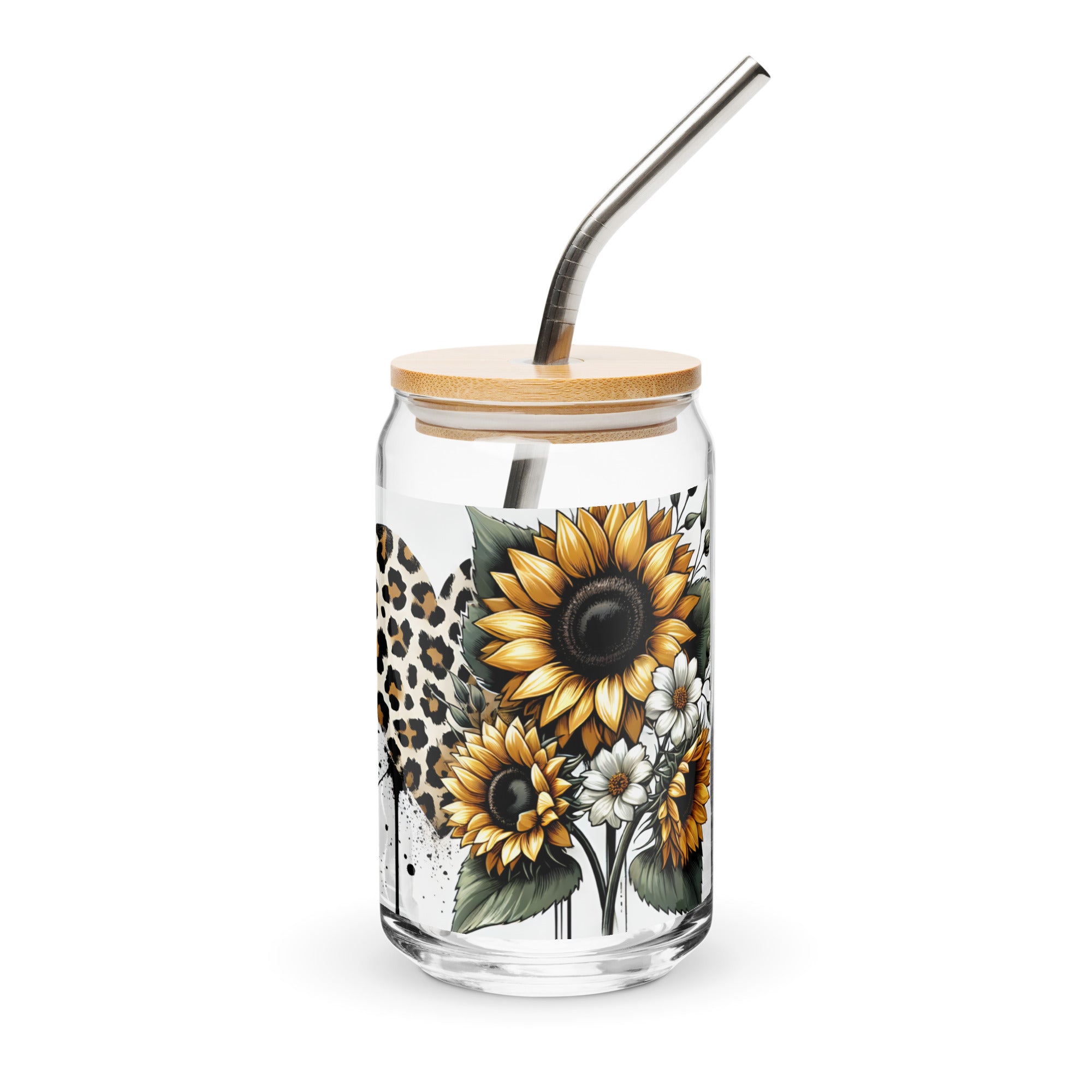 Glass tumbler with sunflower design, wooden lid, and metal straw on a white background