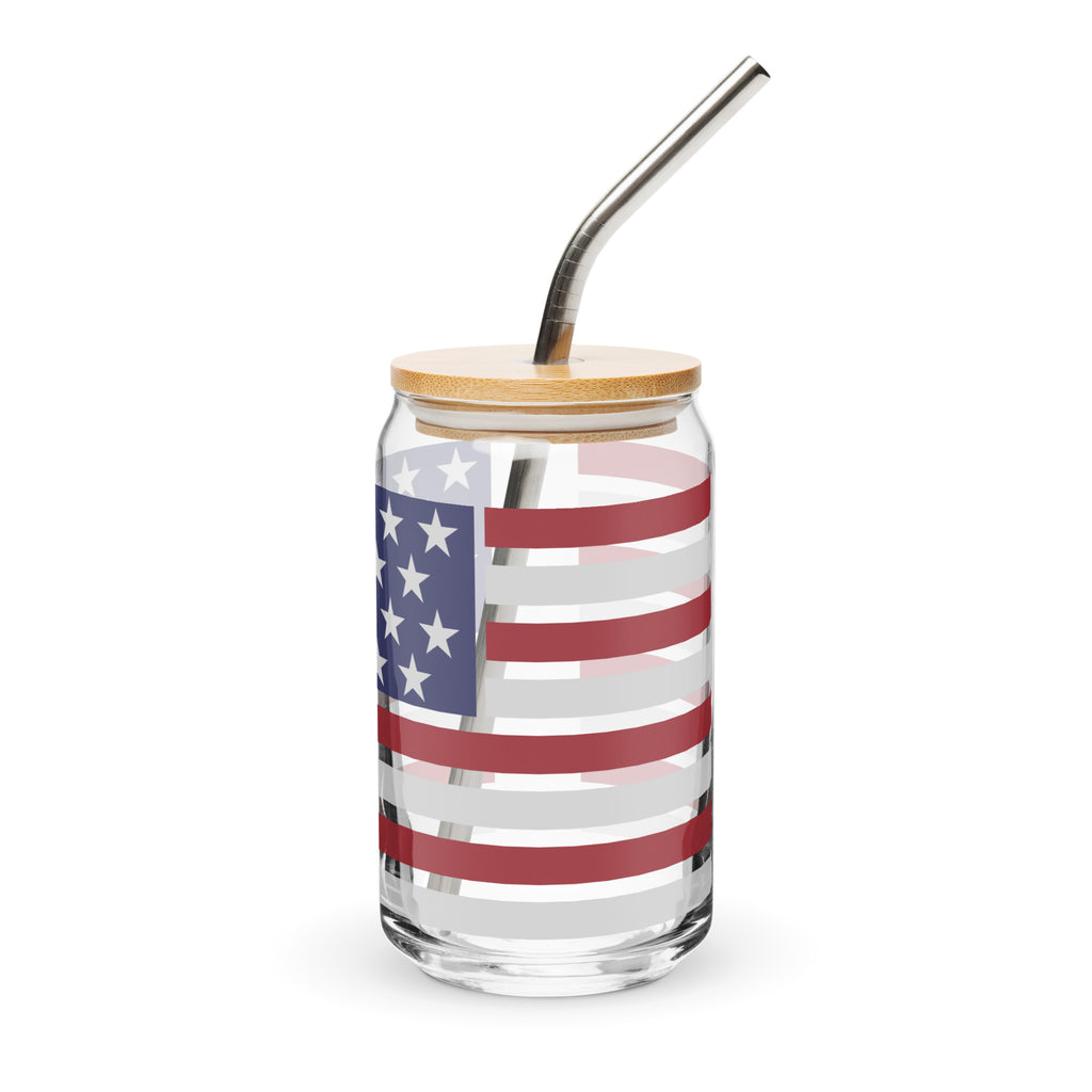 Clear glass jar with American flag design, wooden lid, and metal straw on a white background