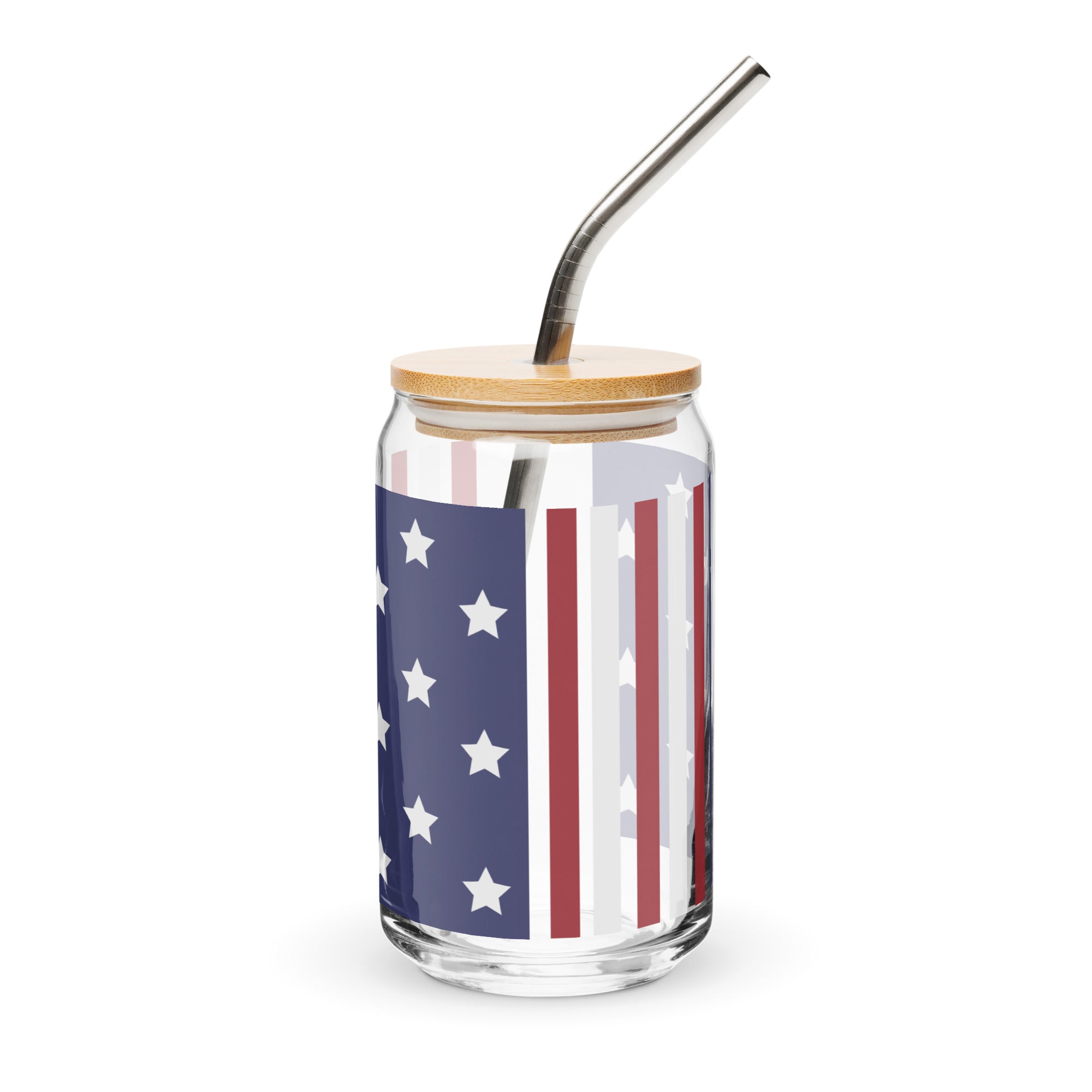 Glass tumbler with American flag design, wooden lid, and metal straw on a white background