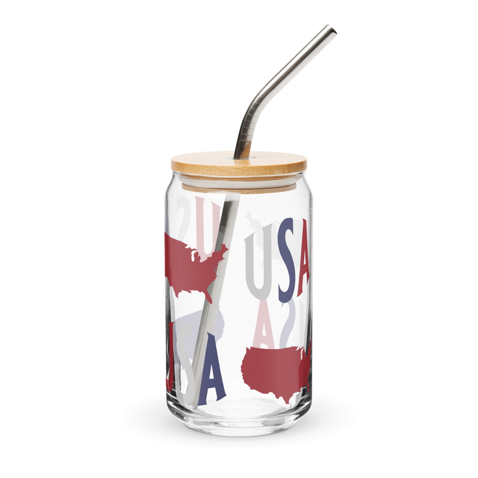 Clear glass tumbler with USA map design, wooden lid, and metal straw on a white background
