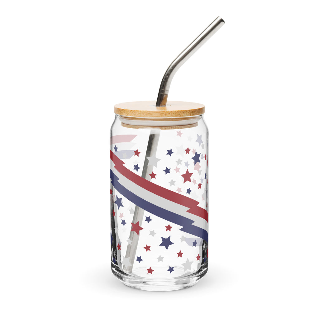 Glass jar with star and stripe pattern, wooden lid, and metal straw on a white background