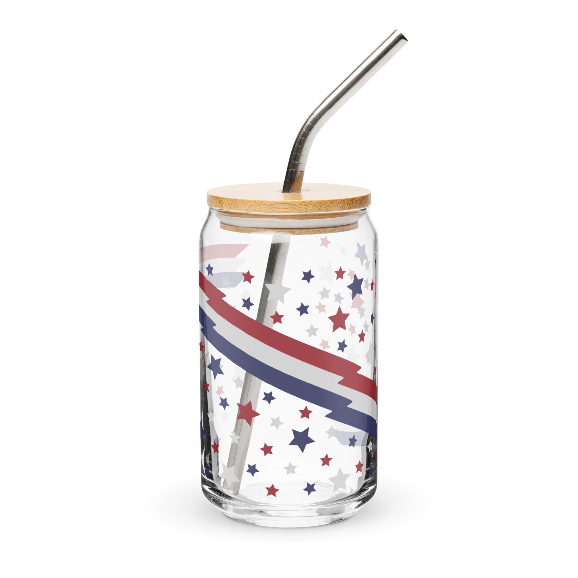 Glass jar with star and stripe pattern, wooden lid, and metal straw on a white background