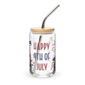 Clear tumbler with 'Happy 4th of July' text and American flag design, bamboo lid, and metal straw on a white background.