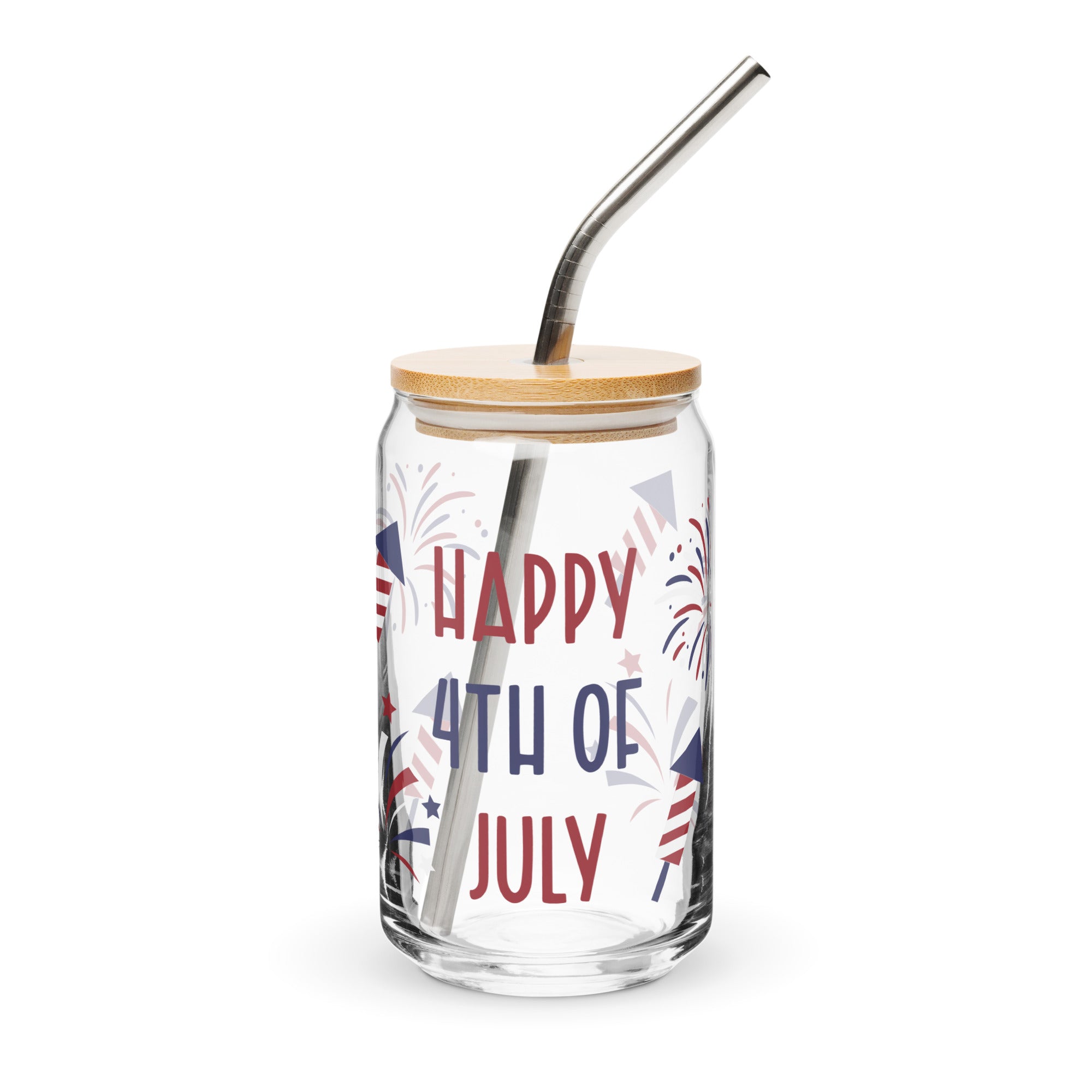 Clear tumbler with 'Happy 4th of July' text and American flag design, bamboo lid, and metal straw on a white background.