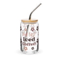 Glass tumbler with floral design and 'but first Iced Coffee' text on a white background