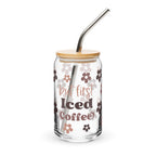 Glass tumbler with floral design and 'but first Iced Coffee' text on a white background
