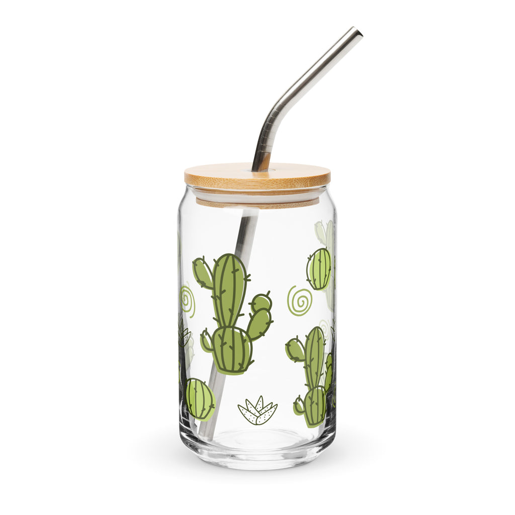Clear glass tumbler with bamboo lid and metal straw featuring cactus designs on a white background