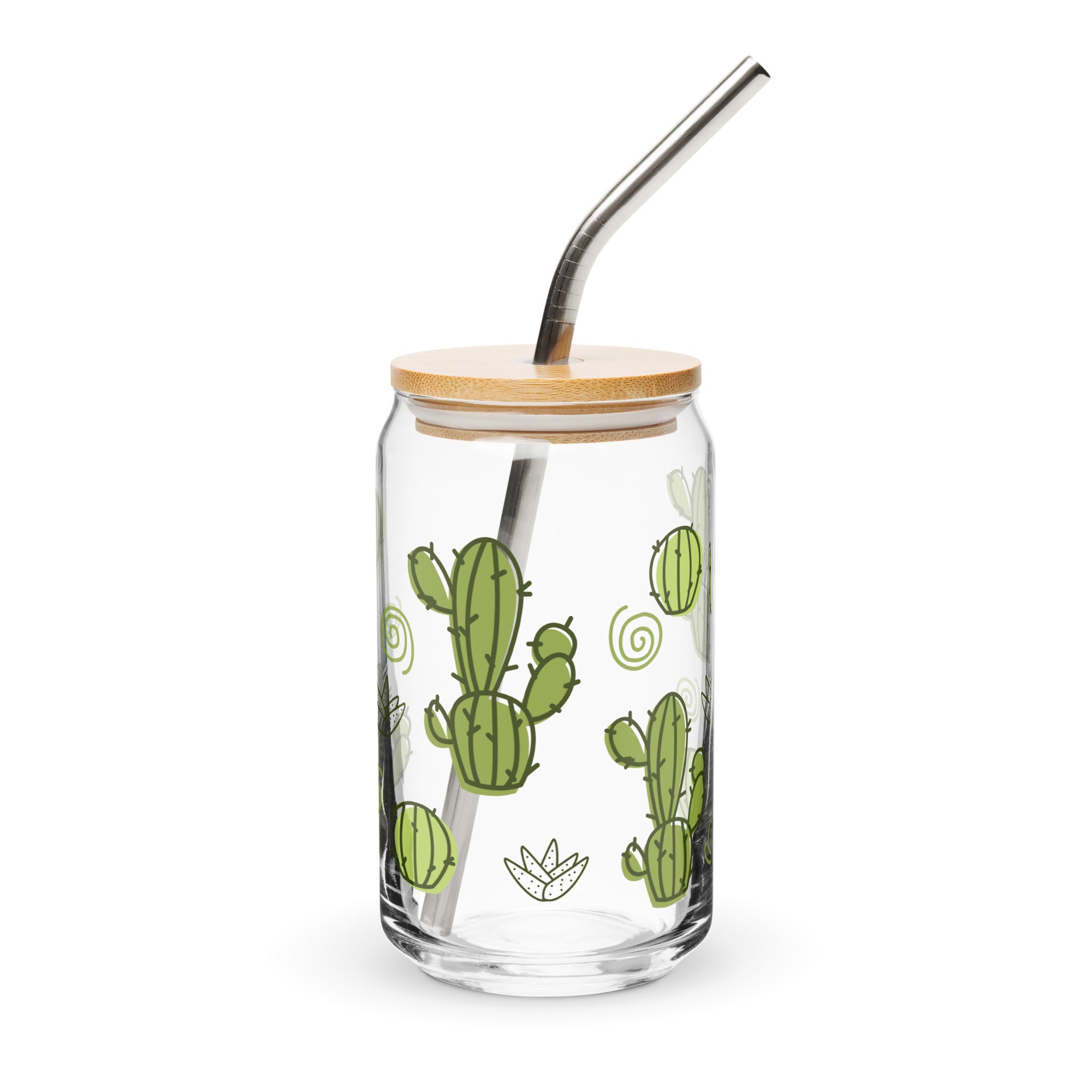 Clear glass tumbler with bamboo lid and metal straw featuring cactus designs on a white background