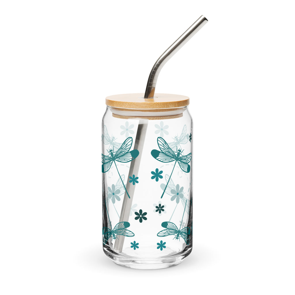Clear glass tumbler with dragonfly design, wooden lid, and metal straw on a white background