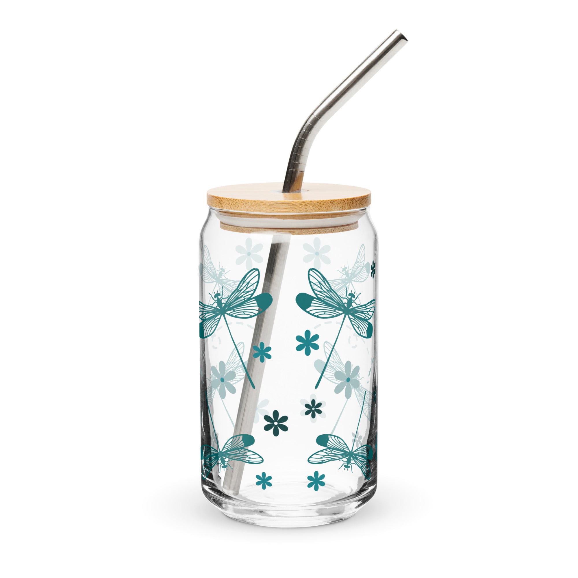 Clear glass tumbler with dragonfly design, wooden lid, and metal straw on a white background