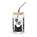 Clear tumbler with bamboo lid and metal straw featuring black cat and paw prints design on a white background.