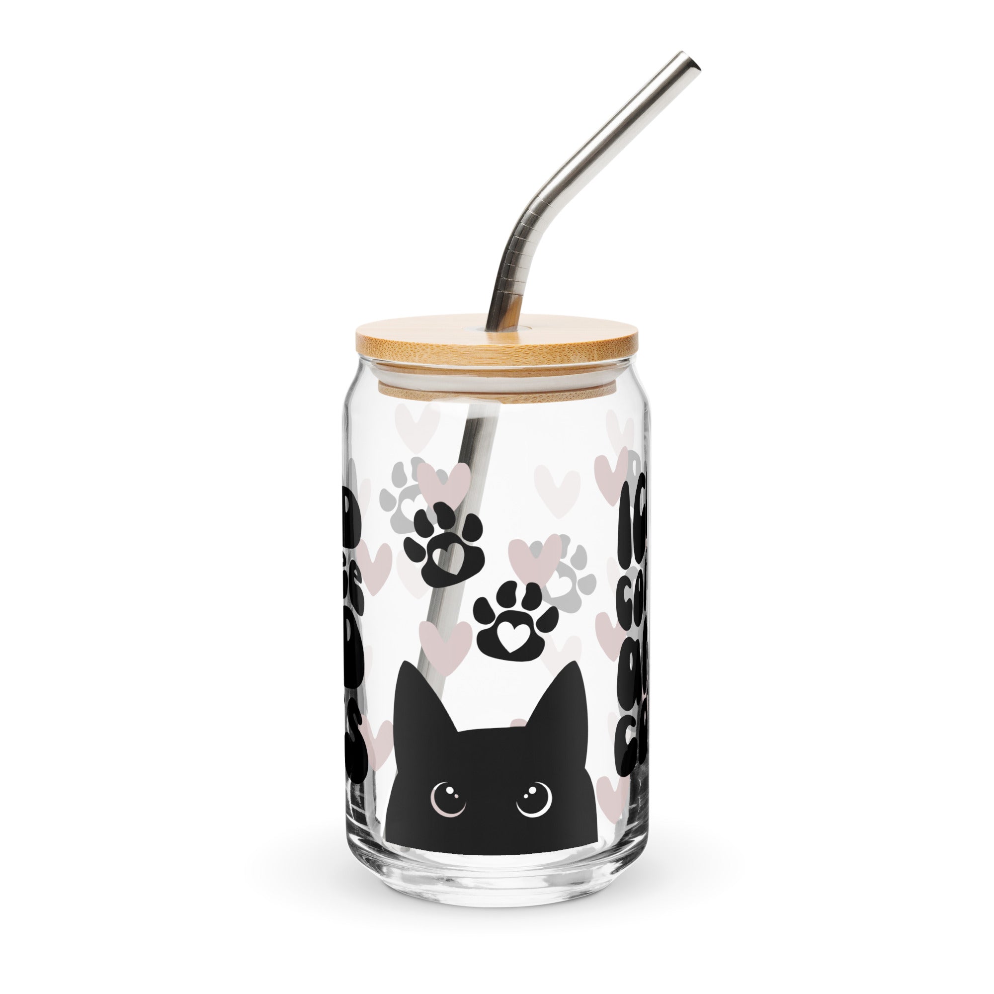 Clear tumbler with bamboo lid and metal straw featuring black cat and paw prints design on a white background.