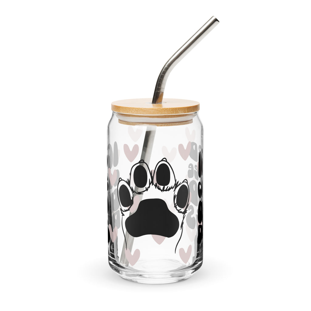 Clear tumbler with bamboo lid and metal straw featuring paw prints and hearts on a white background