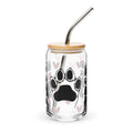 Clear tumbler with bamboo lid and metal straw featuring paw prints and hearts on a white background