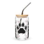 Clear tumbler with bamboo lid and metal straw featuring paw prints and hearts on a white background