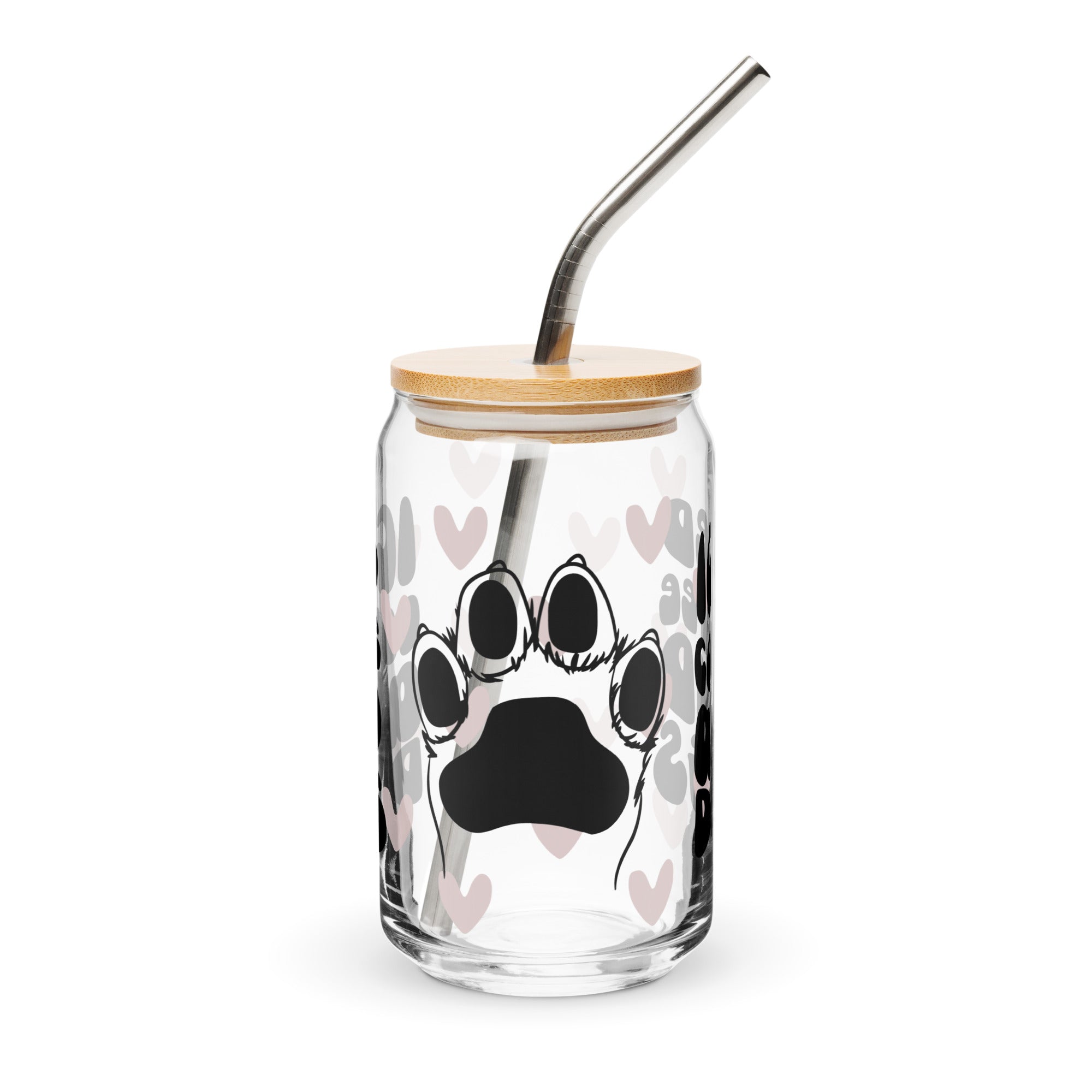 Clear tumbler with bamboo lid and metal straw featuring paw prints and hearts on a white background