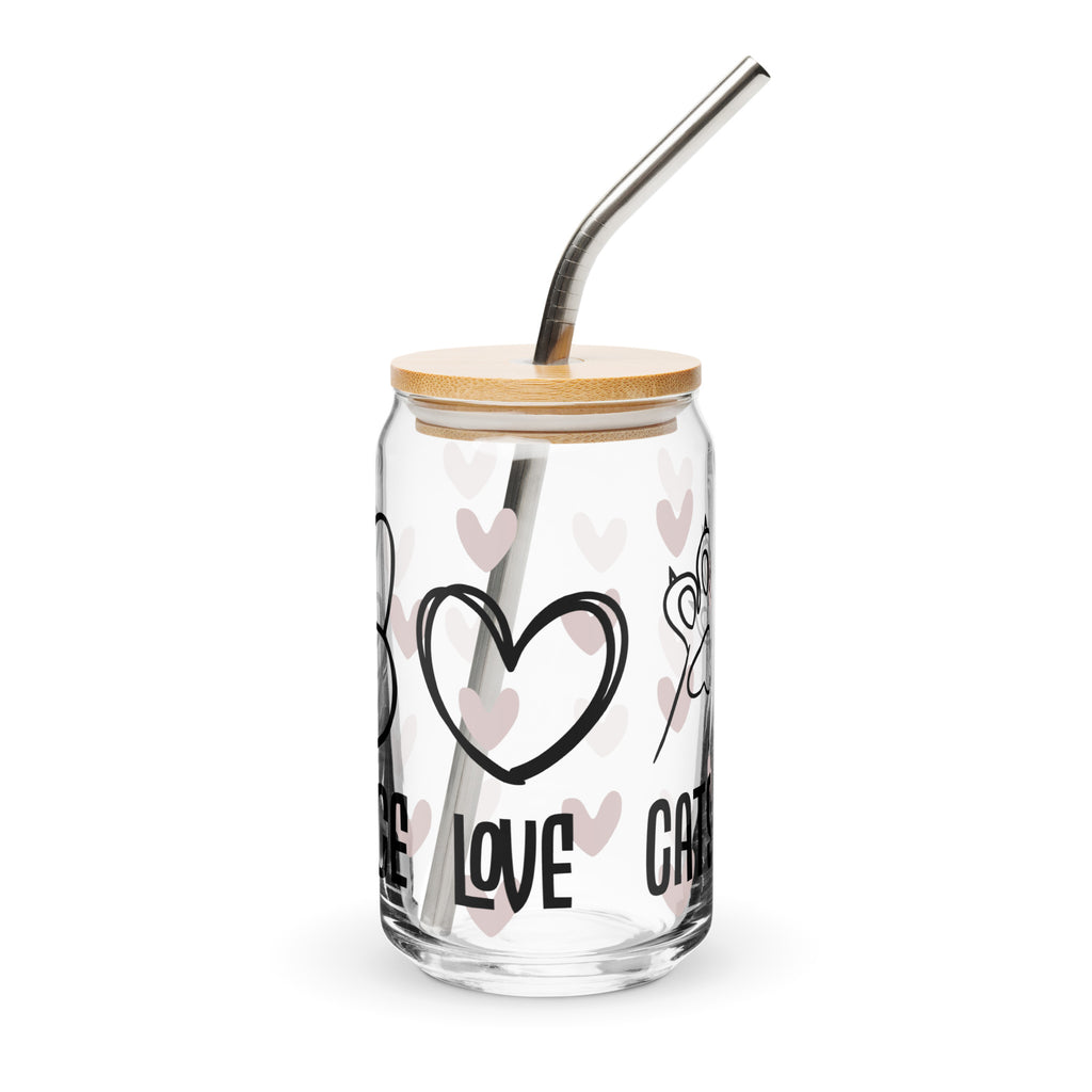 Glass tumbler with bamboo lid and metal straw, featuring heart and love designs on a white background.